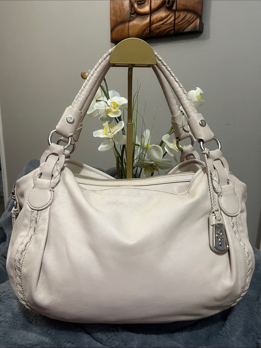 Cole Haan Vintage Leather Cream Braided-Handle Hobo Shoulder Bag GUC retail $325